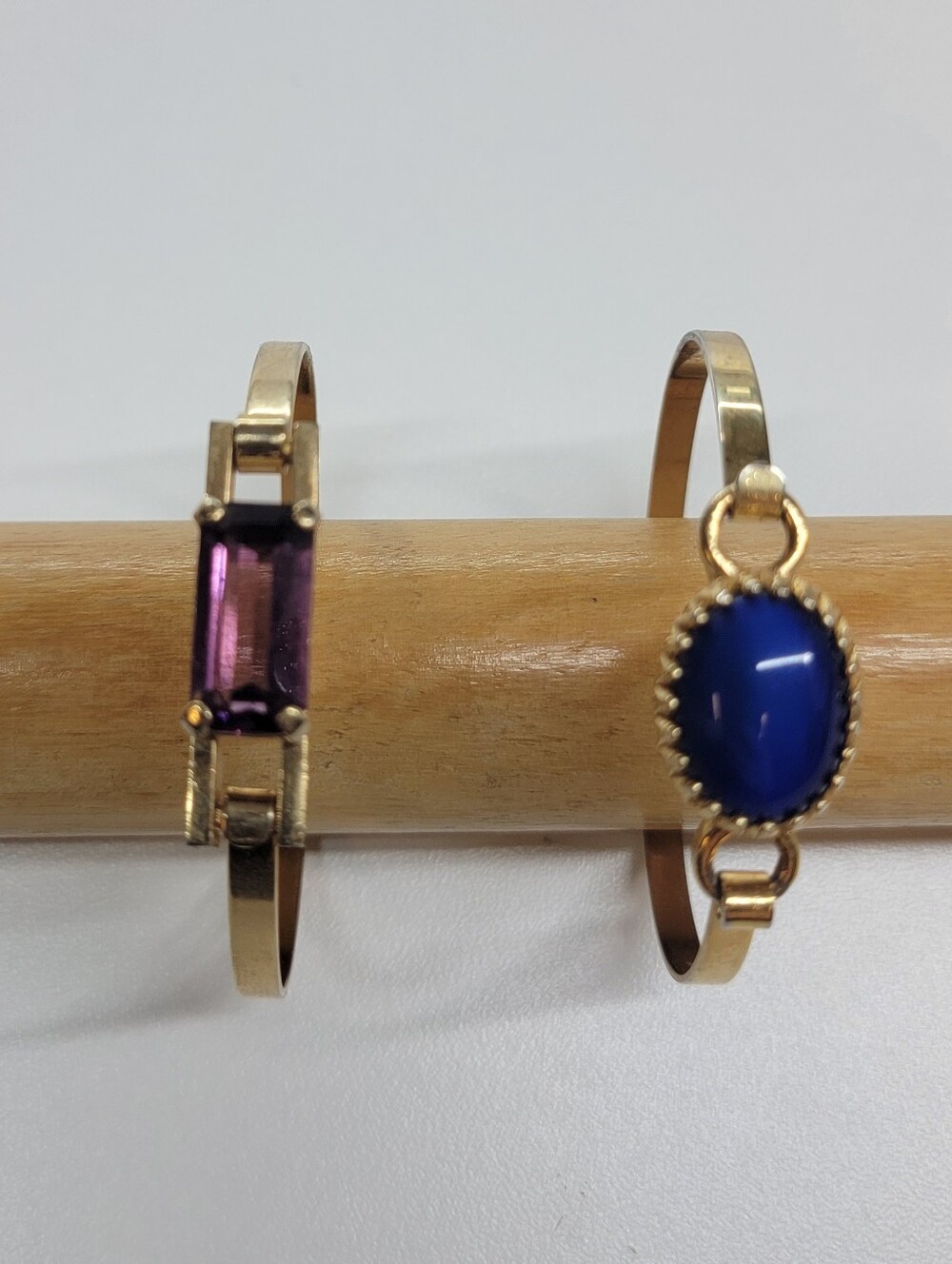 Avon Set Of 2 Vintage Hinged Bracelets Blue Cabochon Purple Glass Crystal